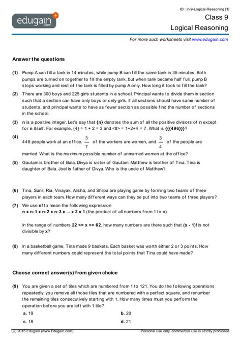 A great collection of free practice worksheets for mathematics, for all grades year 3, 4, 5, 6, 7, 8, 9, 10, 11 & 12. Class 9 Math Worksheets and Problems: Logical Reasoning ...