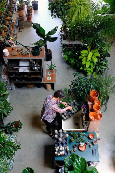 An Overhead View Of A Man Tending To Plants In A Garden Shop With Lots