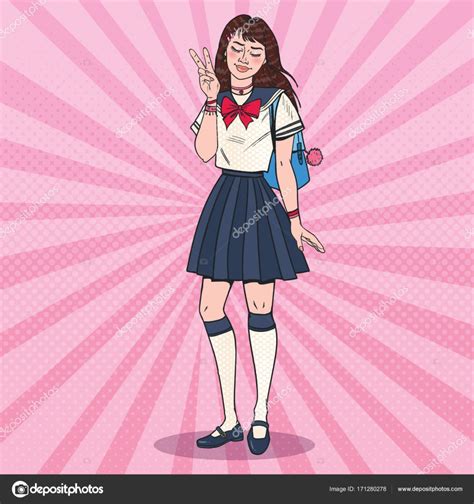 Pop Art Japonais écolière en uniforme Asiatique adolescent étudiant avec sac à dos Concept