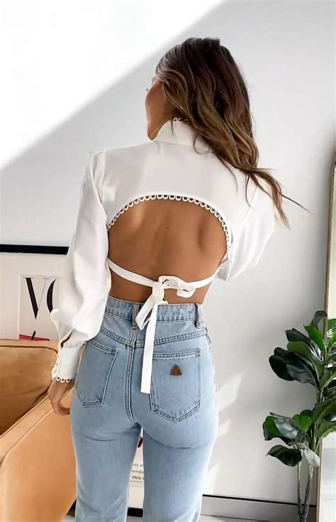 If you like backless shirt, you might love these ideas. Yves Backless Shirt White Video Video in 2020 | Cute skirt outfits, Backless shirt, Diy ...