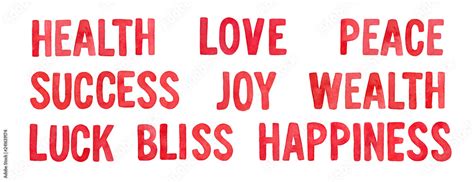 Set Of Bright Red Watercolour Well Wishing Word List Health Love