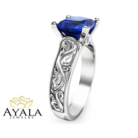 Princess Cut Blue Sapphire Ring In 14k White Gold Unique 2