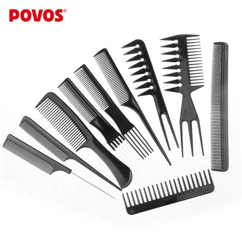 Povos 10pcsset Professional Salon Combs Set Black Plastic Barbers Hair