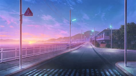 An Anime Style Road With A Stunning Purple Sunset On The Horizon By