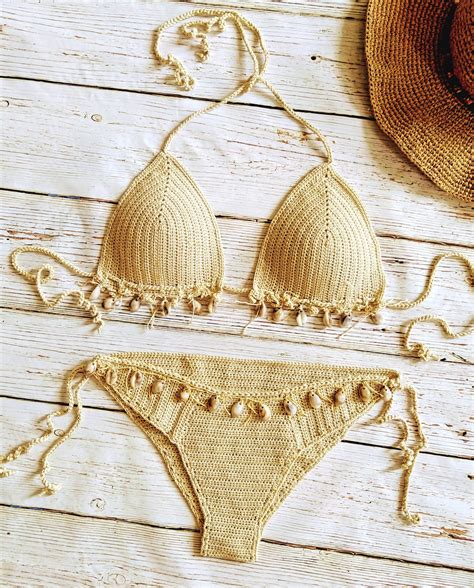 handmade crocheted bikini soft cotton yarn crochet bikini with shells 2019 beach bikini