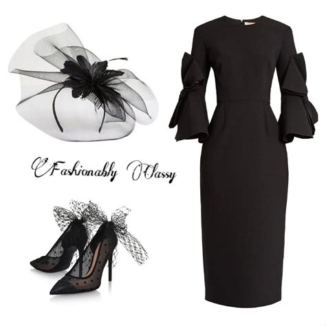 a black dress and white hat with matching shoes