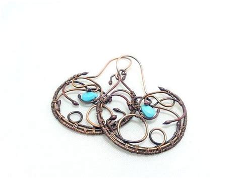 Hoop Turquoise Earrings Wirewrapped Copper Earrings Boho Etsy