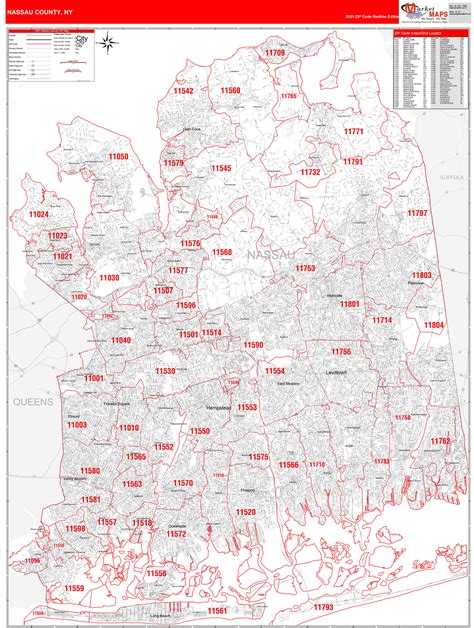 Nassau County Ny Zip Code Wall Map Red Line Style By Marketmaps