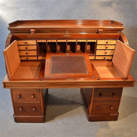 Antique brown/tan leather top captains writing desk and chesterfield style swivel captains chair. Antique Fine Victorian Writing Bureau Large English Cylinder Roll Top Desk C1870 | 246225 ...