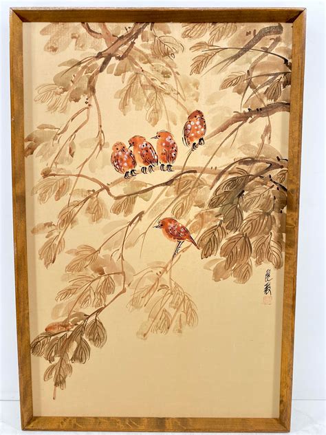 Lot Japanese Silk Screen Birds On Trees Painting