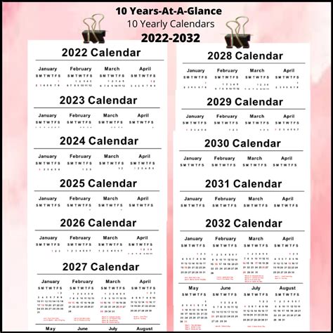 2022 2032 Year At A Glance Printable Calendars Including 10 Etsy