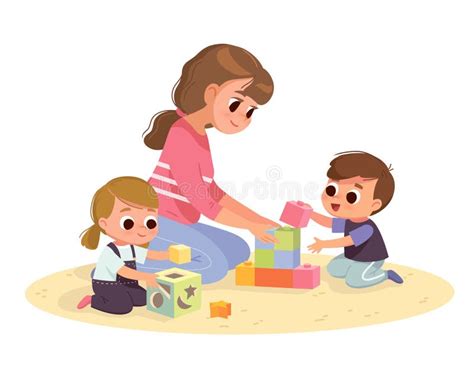 Madre Jugando Con Sus Hijos En Casa Juguetes Educativos Ilustración