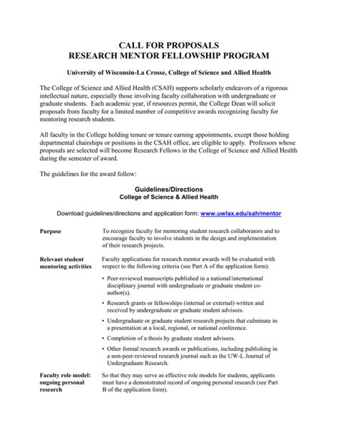 Call For Proposals Research Mentor Fellowship Program