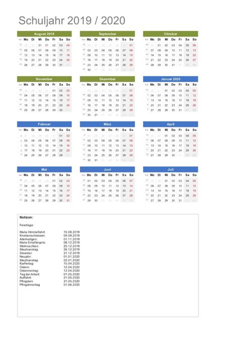 Hälfte mit kalenderwochen und feiertagen. Schulkalender 2019 / 2020 zum Ausdrucken (PDF) | gratis ...