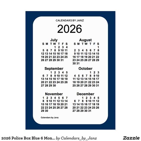 2026 Police Box Blue 6 Month Mini Calendar By Janz Postcard Holiday