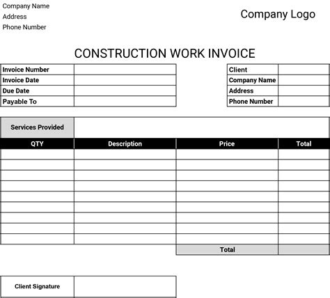 Construction Invoice Templates Download And Print For Free