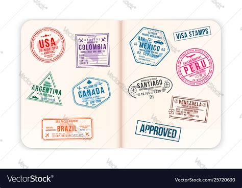 Realistic Passport Pages With Visa Stamps Opened Vector Image