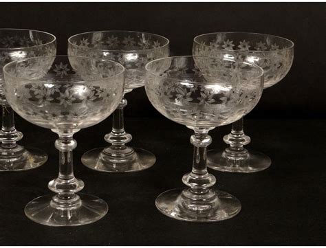 7 Champagne Glasses Crystal Cut Glass French Antique Stars Nineteenth