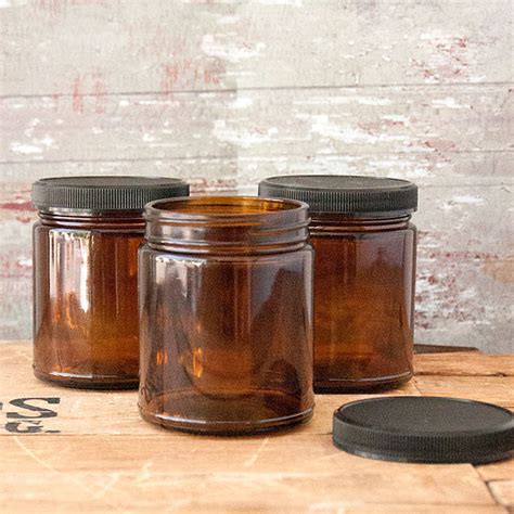 Amber Glass Jar 9 Oz 270ml W Lid Straight Sided â€” Kit Of 3