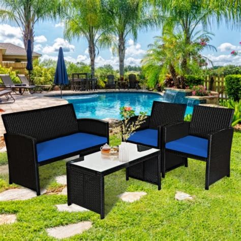 Gymax 4pcs Rattan Outdoor Conversation Set Patio Furniture Set W Navy