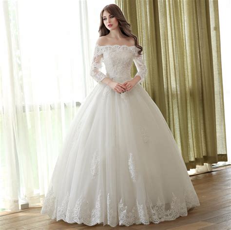 Off Shoulder Lace Ball Gown Wedding Dresses 34 Sleeve