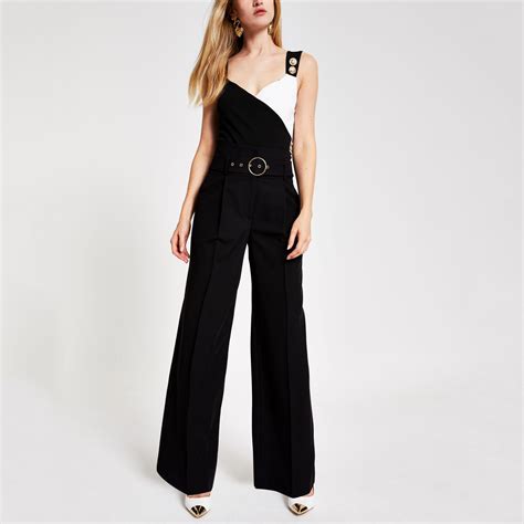 River Island Synthetic Black Wide Leg Belted Trousers Lyst