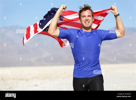 Success Winning Runner Cheering With Usa Flag Celebrating Victory