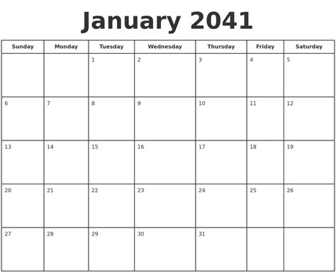 January 2041 Print A Calendar
