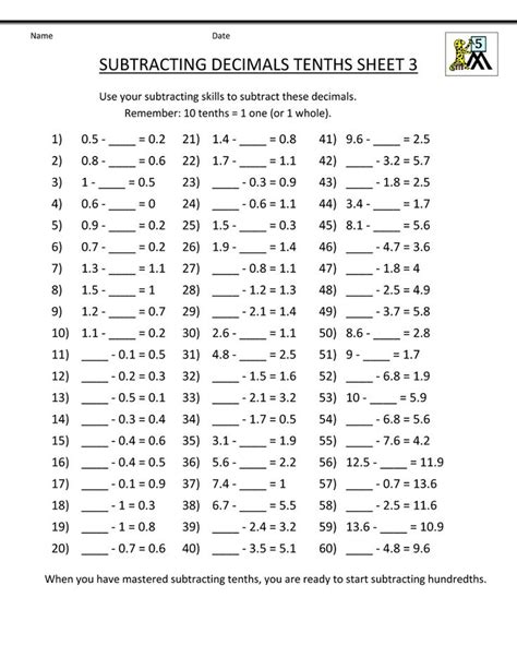 5th Grade Subtraction Math Worksheets Printable | 5th grade math