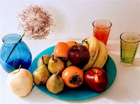 Fruits On Plate With Glass Vase Still Life Apples Bananas Pears