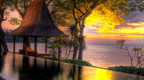 Sunset Sea Water Trees Romantic Pictures Landscapes