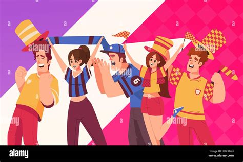 Sports Fans Cartoon Composition With Happy People Celebrating Team