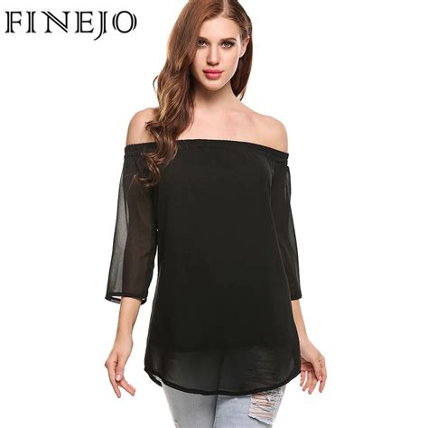 Finejo Women Blouses Top Sexy Off Shoulder 34 Sleeve Shirt Blouse 2017 Summer Female Chiffon