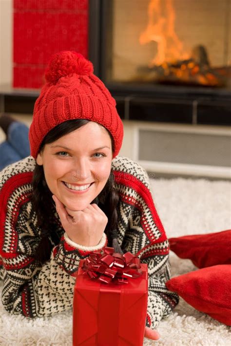 Christmas Present Woman Lying Floor Home Fireplace Stock Image Image Of Happy Smile