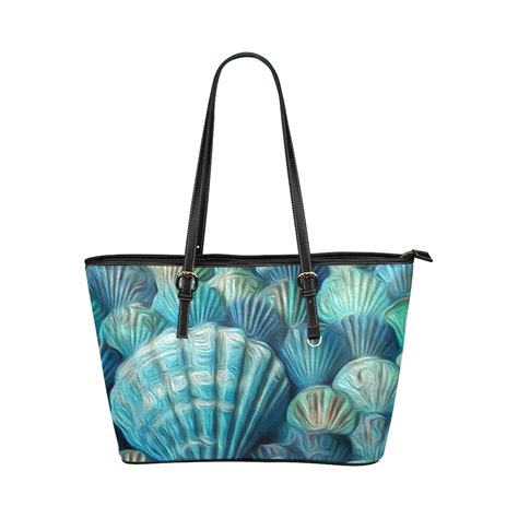 Painted Blue And Green Seashells Leather Tote Bagsmall Model 1651