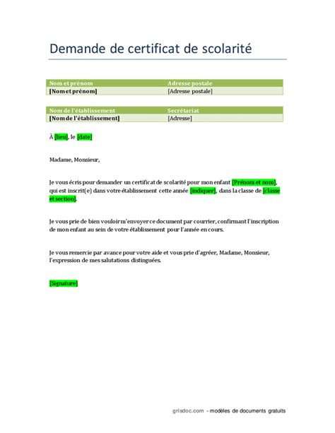 Demande De Certificat De Scolarité Doc Pdf Page 1 Sur 1