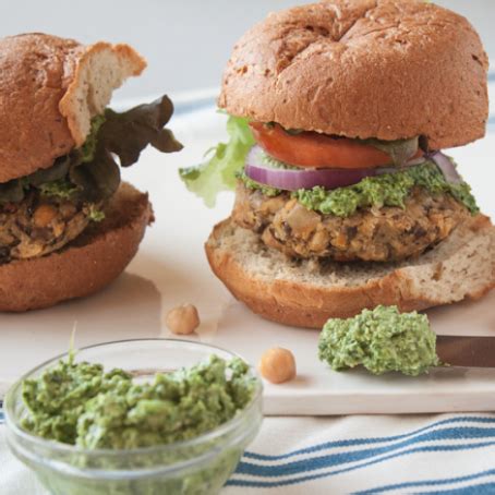 Vegan Chickpea Mushroom Burgers With Mustard Green Pesto Recipe