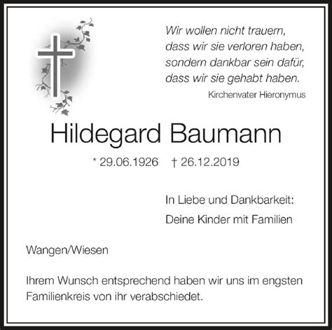 Traueranzeigen Von Hildegard Hugger Schwaebische De Trauerportal My