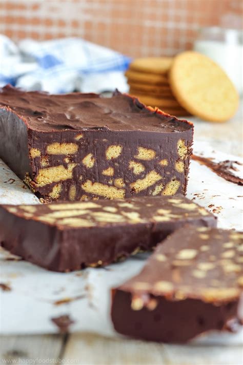Remove the cake from the fridge, pour over the chocolate ganache, and sprinkle with more slivered pistachios and sliced almonds. No Bake Chocolate Biscuit Cake Recipe - Happy Foods Tube