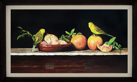 Still Life With Budgies And Pomegranates Oil On Canvas By Irfan