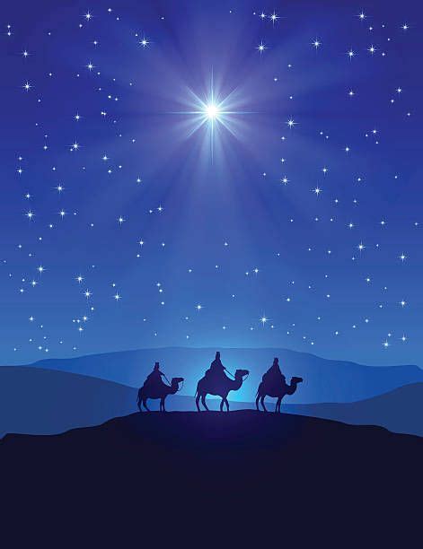 Christmas Star On Blue Sky And Three Wise Men Vector Art Illustration