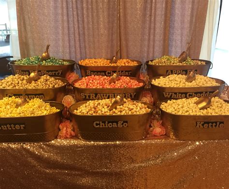 Popcorn Bar With Gold Tubs And Blush Sequin Tablecloth Popcorn Buffet