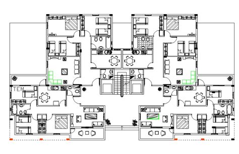 BHK Apartment Cluster Layout Plan With Furniture Drawing AutoCAD File