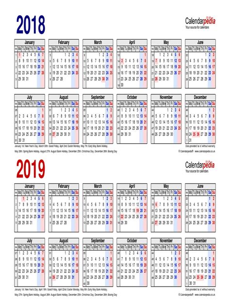 Two Year Calendar 2018 2019 Landscape Linear Pdf Religious Holidays