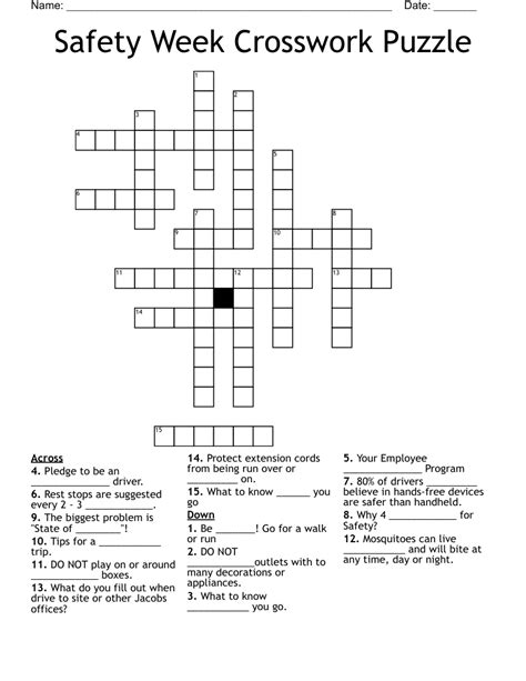 Safety Week Crosswork Puzzle Crossword Wordmint