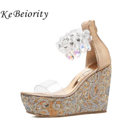 Kebeiority Crystal Women High Heel Wedge Sandals Sexy Peep Toe Ankle Strap Rhinestones Platform