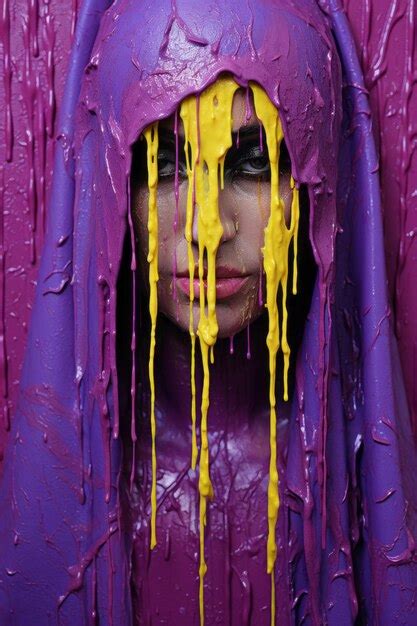 Premium Photo A Woman Covered In Purple Paint With Yellow Dripping