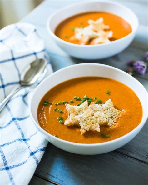 To make the tastiest tomato soup you'll ever experience wait until the tomatoes are at their most ripe and juicy, around september. Creamy Vegan Tomato Soup Recipe - A Couple Cooks