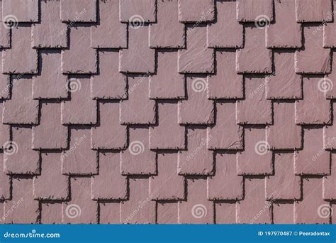 Red Rectangular Slate Shingle Tiles Texture On Roof Wall And Facade