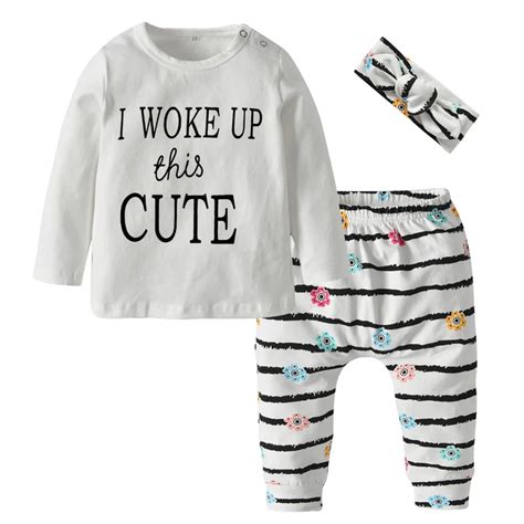 3pcs Set Newborn Baby Girl Clothes Cotton Letters T Shirt Stripe Pants